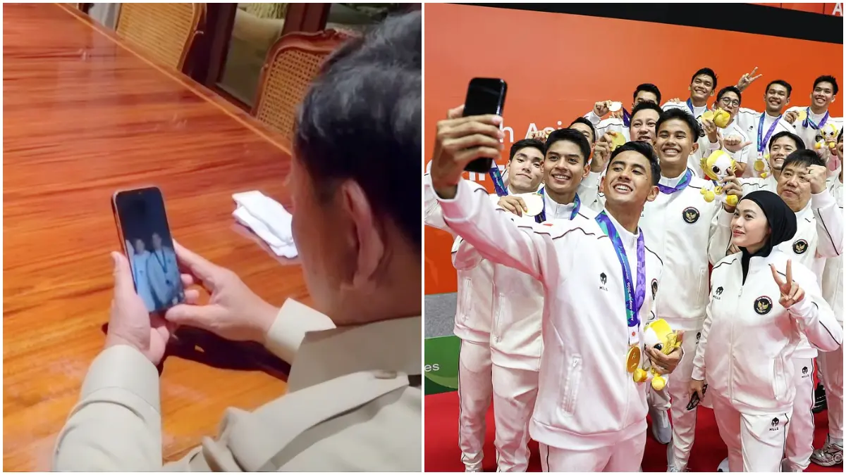 Presiden Prabowo Subianto melakukan video call dengan Tim Bulutangkis Beregu Putra Indonesia usai meraih medali emas Asian Games 2026. (Foto : Instagram/@Prabowo)