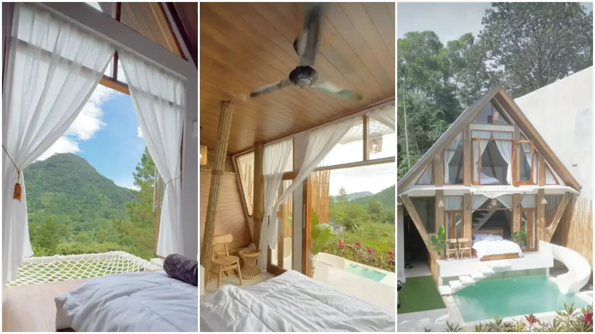 Slide Hill Villa by Canvas Cottage di kawasan Sentul, Bogor, menawarkan penginapan dengan kolam renang pribadi dan panorama perbukitan. (Foto: Tangkapan layer akun tiktok @vicrmd)