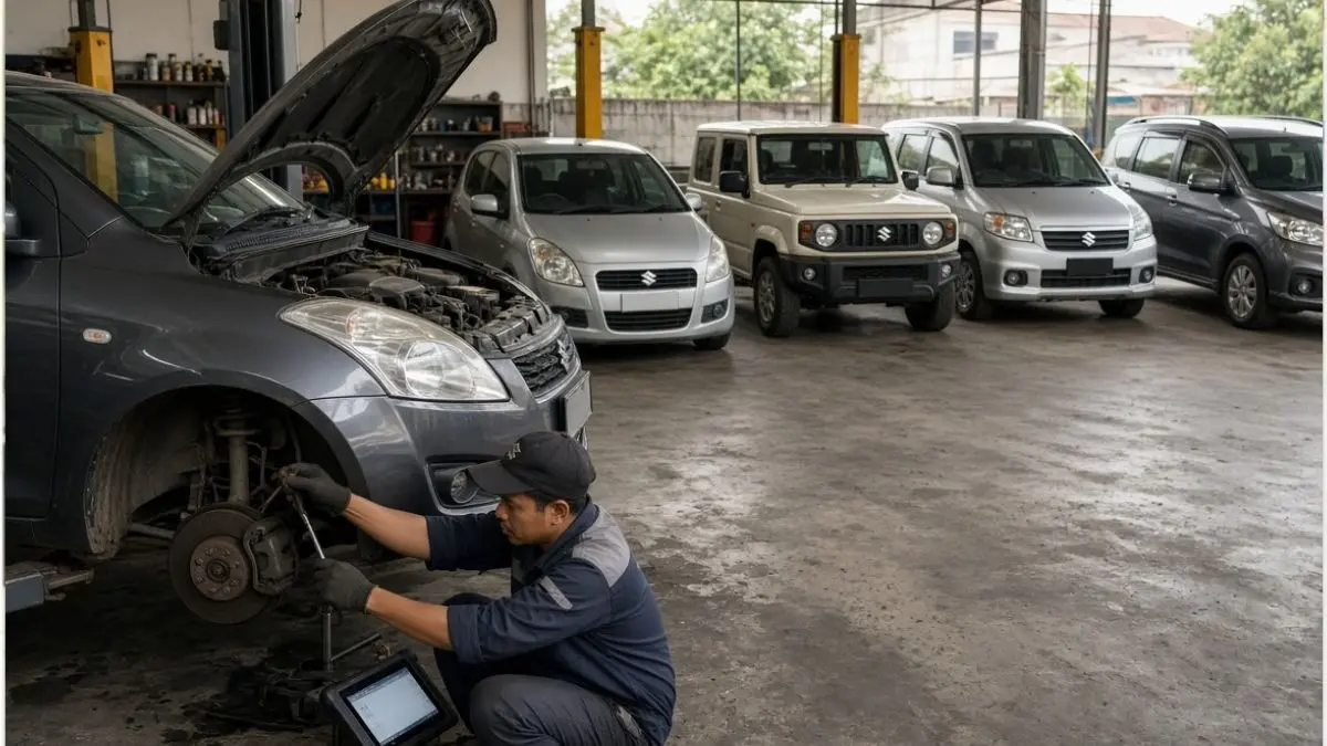 Ilustrasi mobil Suzuki dalam bengkel (ilustrasi Gemini AI)