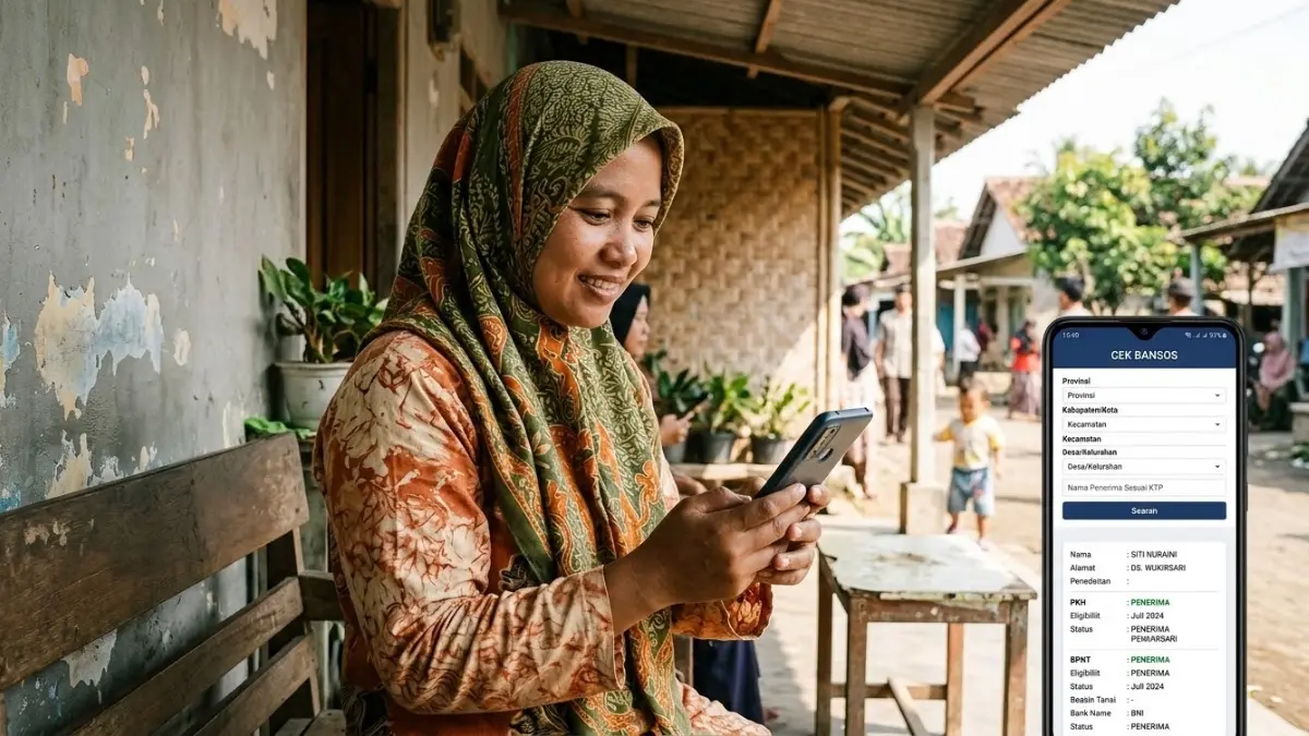 Ilustrasi masyarakat menggunakan Aplikasi Cek Bansos. (Gemini AI)