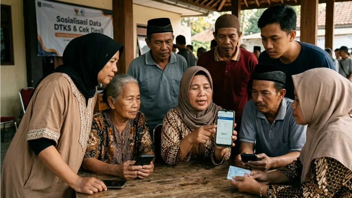 Ilustrasi KPM bansos mengecek desil menggunakan HP (Gemini AI)