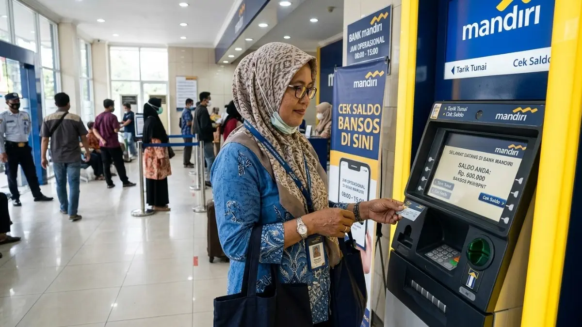Ilustrasi pengecekan saldo bansos lewat mesin ATM. (Gemini AI)