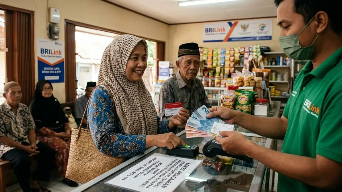 Ilustrasi pencairan bansos di agen layanan bank penyalur. (Gemini AI)