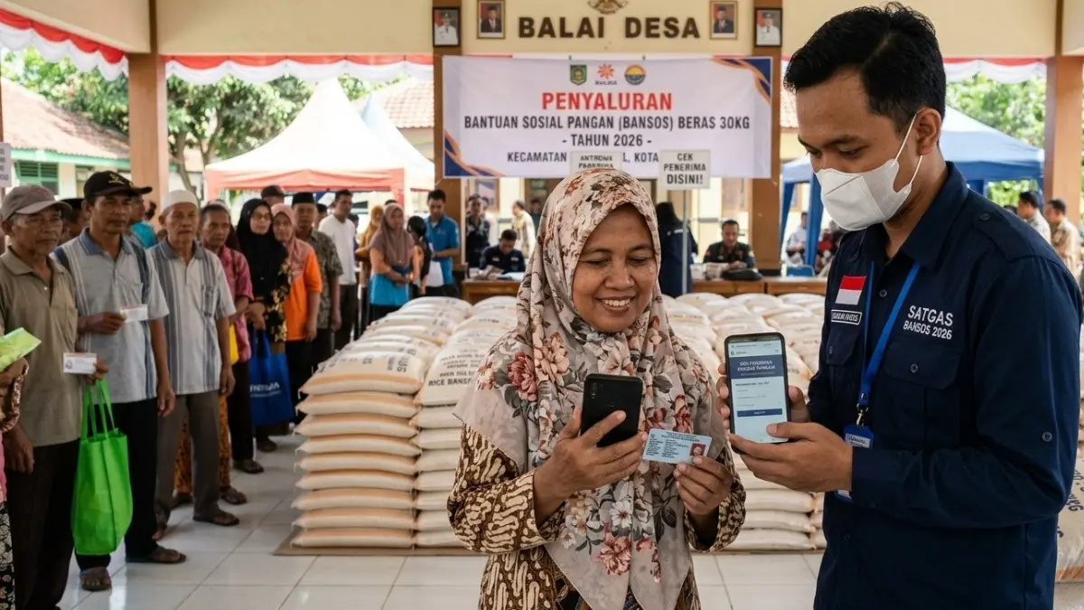 Ilustrasi mengecek penerima bansos beras menggunakan HP (Gemini AI)