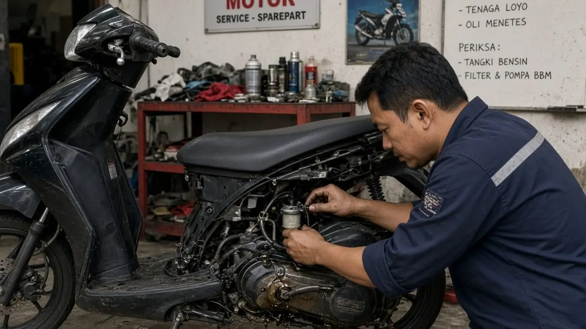 Ilustrasi pengecekan onderdil pada motor bekas (ilustrasi Gemini AI)