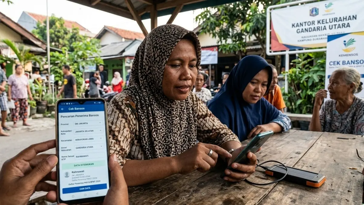 Ilustrasi masyarakat menegecek bansos menggunakan aplikasi Cek Bansos (Gemini AI)