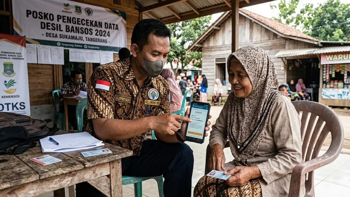 Ilustrasi pengecekan desil penerima bansos menggunakan HP (Gemini AI