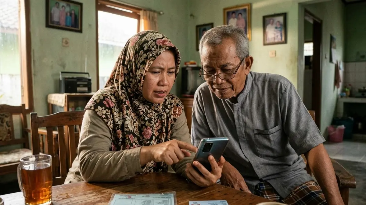 Ilustrasi mengecek bansos menggunakan HP (Gemini AI)