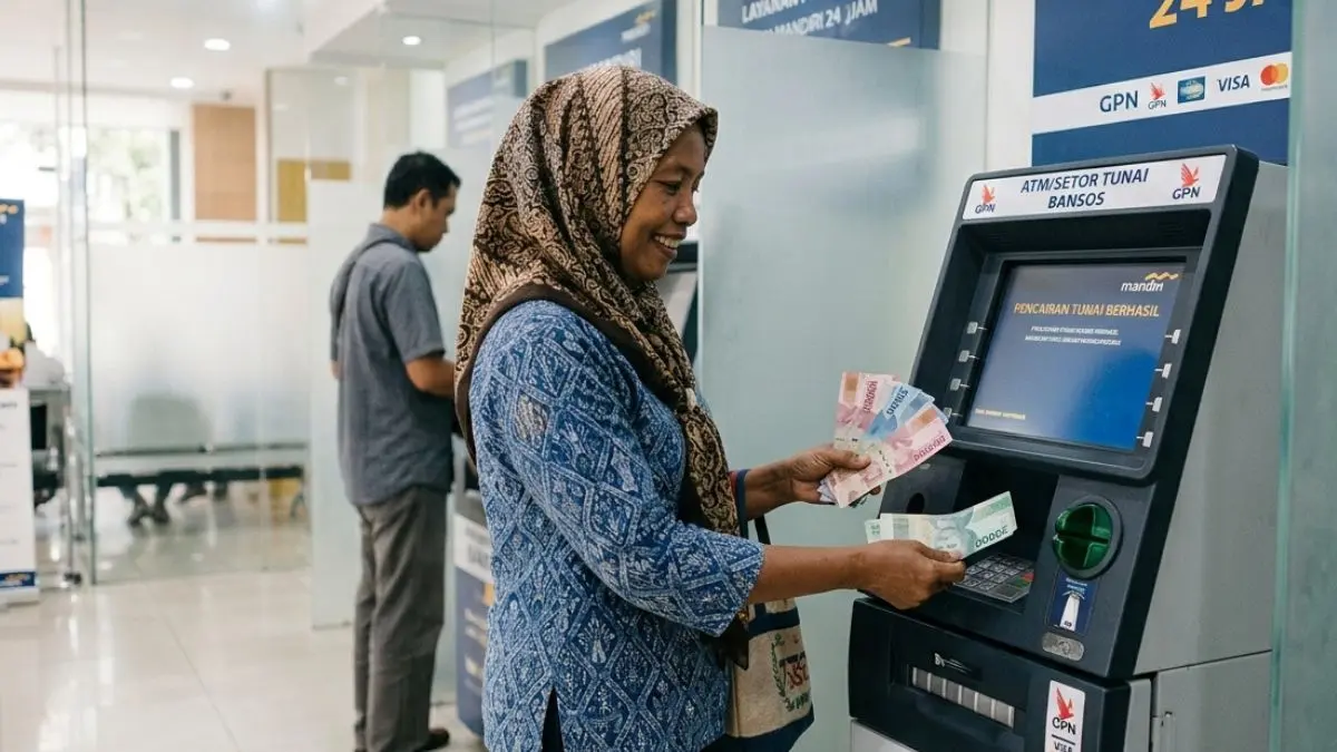 Ilustrasi pencairan bansos lewat mesin ATM (Gemini AI)