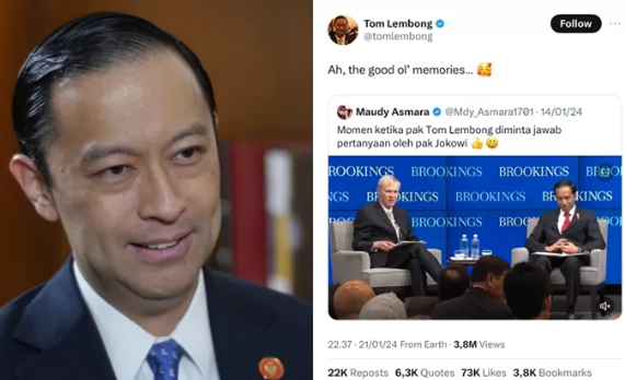 Tom Lembong dan tangkapan layar postingan X nya (Asia Society, X/@tomlembong)