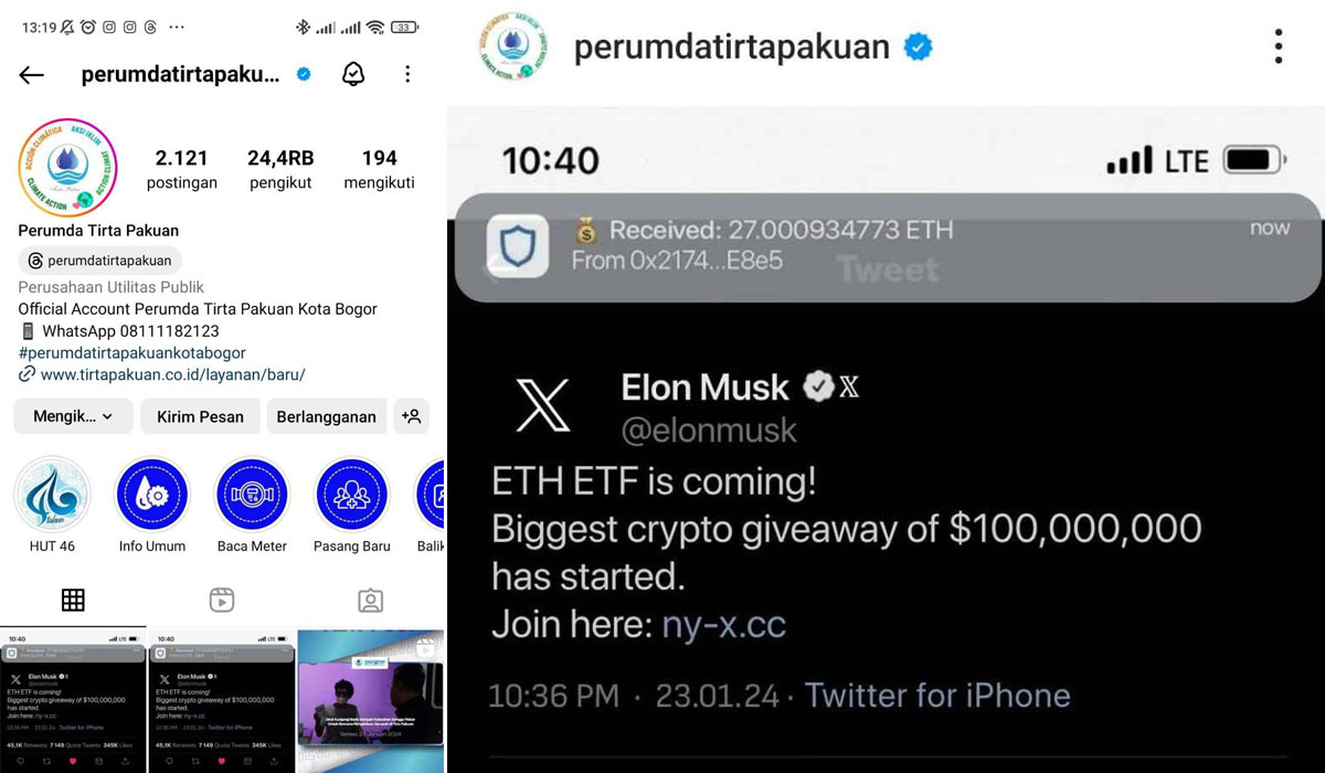 Akun Instagram Perumda Tirta Pakuan yang kembali kena hack.