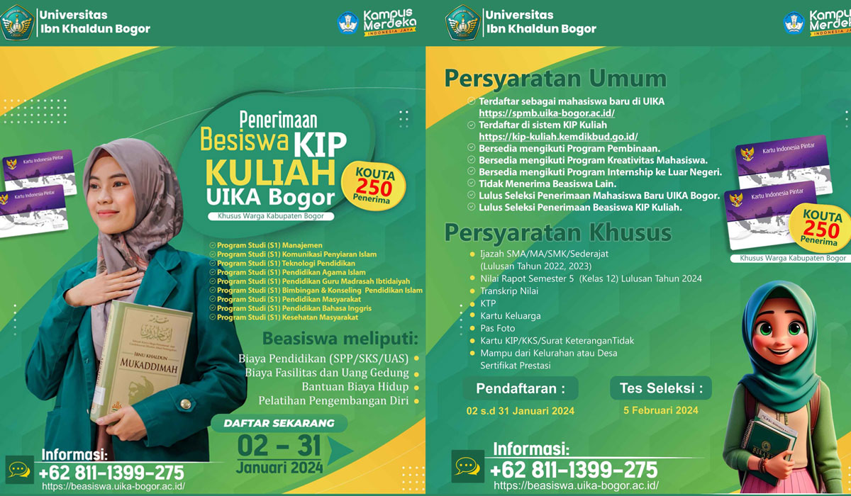 UIKA Bogor kembali membuka program beasiswa Kartu Indonesia Pintar (KIP) Aspirasi Batch 1 untuk angkatan Tahun akademik 2024/2025. ﻿