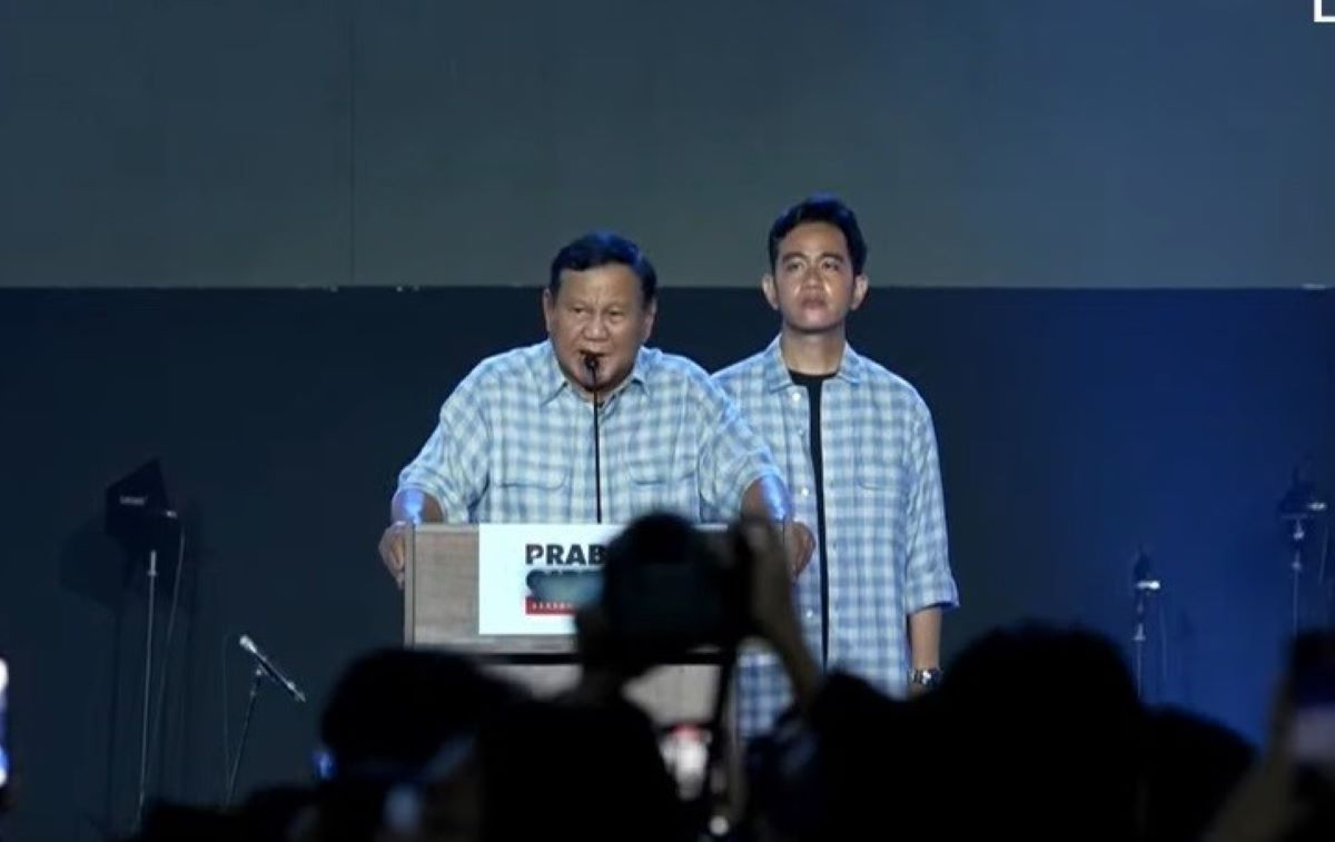 Prabowo-Gibran saat deklarasi kemenangan di Istora, Jakarta.