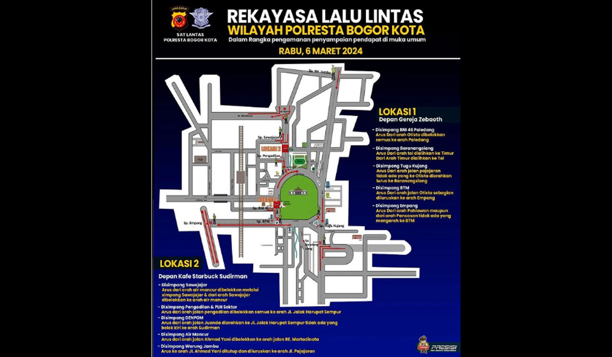 Rekayasa Lalin di Jalan Juanda dan Sudirman Bogor dampak aksi demo mahasiswa Rabu (6/3/2024) sore.