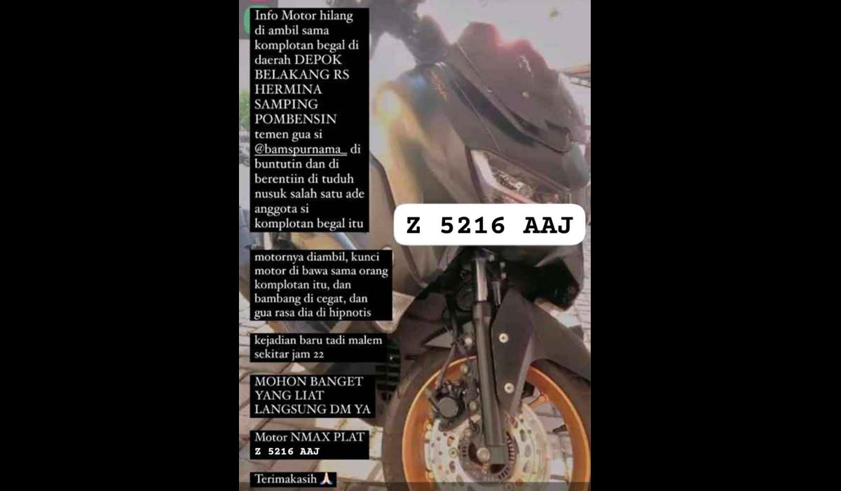 Seorang perawat salah satu rumah sakit di Depok jadi korban begal motor dengan modus baru.