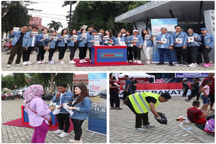 AKSI BERSIH-BERSIH : Panin Bank KCU Palu saat menggelar aksi bersih-bersih sampah dan pembagian brosur di lokasi CFD Palu, Minggu (22/6/2025).