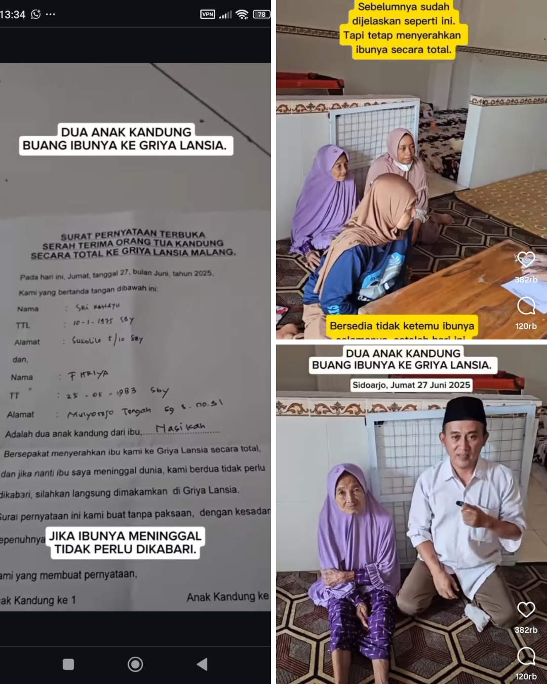Dua anak asal Sidoarjo menitipkan ibunya ke Griya Jompo Husnul Khatimah Malang, dalam video TikTok milik Ketua Yayasan Arief Camra.