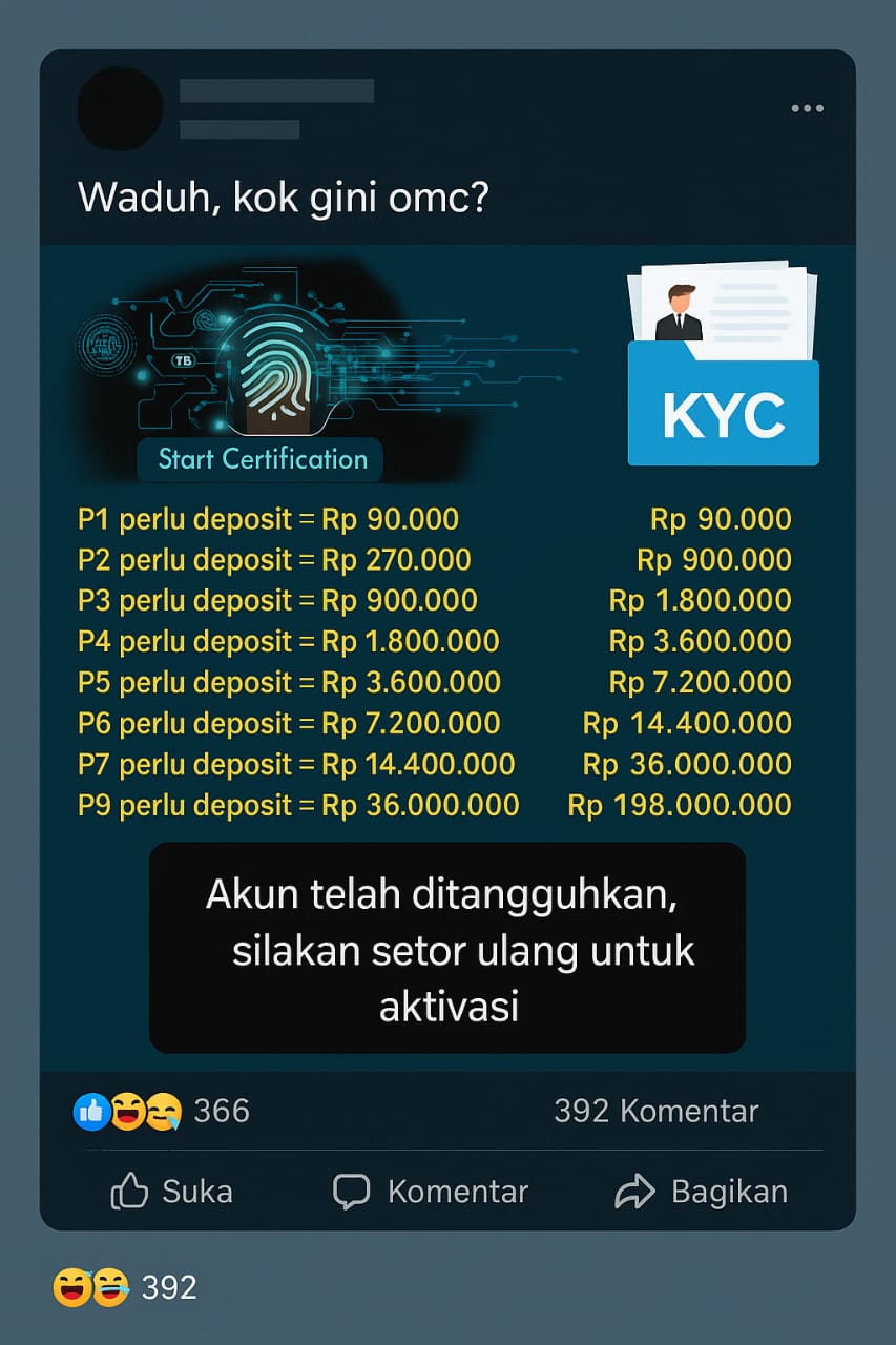 ILUSTRASI  Tangkapan layar unggahan warganet di media sosial memperlihatkan notifikasi permintaan setoran ulang pada akun OMC dengan nominal jutaan rupiah.