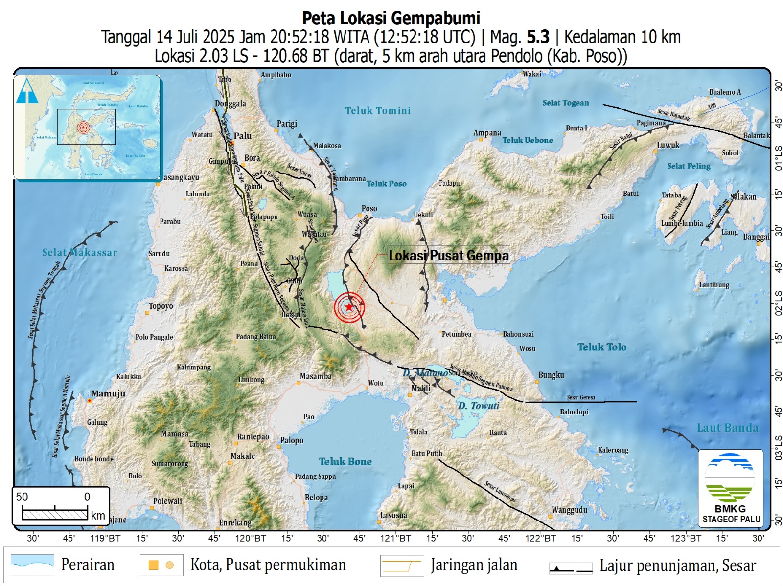 TERASA JUGA DI PALU : Peta gempa bumi bermagnitudo 5.3 tepatnya berlokasi di darat, 5 kilometer arah Utara Pendolo, pada kedalaman 5 kilometer.