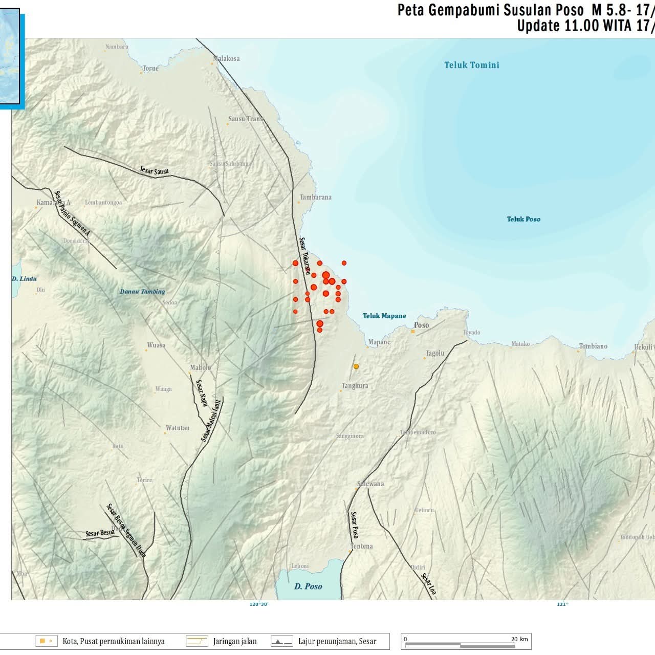 KEKUATANNYA KECIL : Sebaran gempa bumi susulan setelah gempa bumi utama dengan magnitudo 5.8 di Poso, Minggu (17/8/2025).