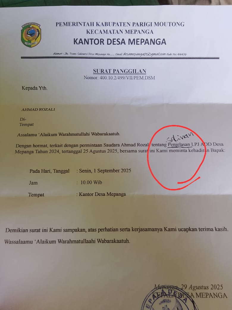 SURAT : Surat pemanggilan yang menjadi titik permasalahan.(FOTO : ISTIMEWA/RADAR PALU).