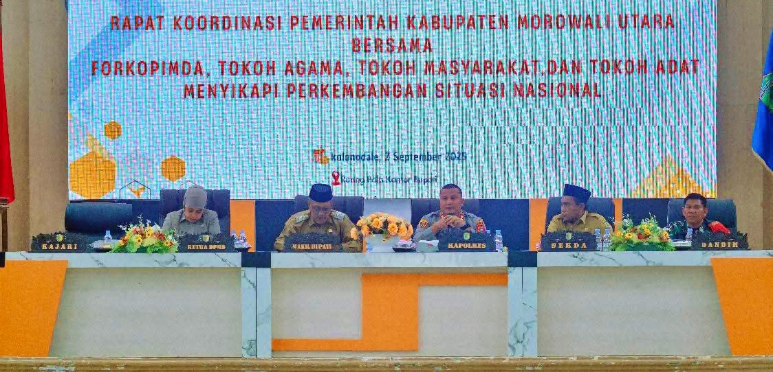 KOMITMEN : Pemkab Morut meneguhkan komitmen menjaga keamanan daerah dengan menggelar rakor Forkopimda bersama tokoh agama, tokoh masyarakat, dan tokoh ada di Ruang Pola Kantor Bupati, Selasa (02/09/20