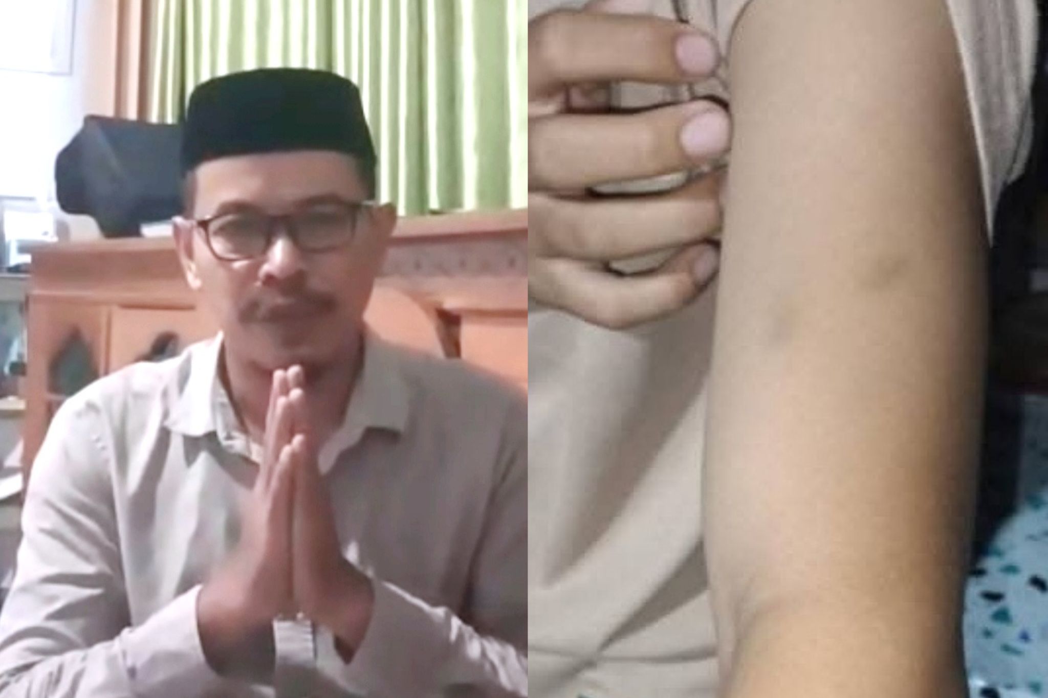Pimpinan Ponpes Salafiyah Al-Hikmah Kotanagaya Ahmad Wargono (kiri) saat memberi klarifikasi, dan korban ketika menunjukkan luka kepada keluarga sebelum meninggal dunia.