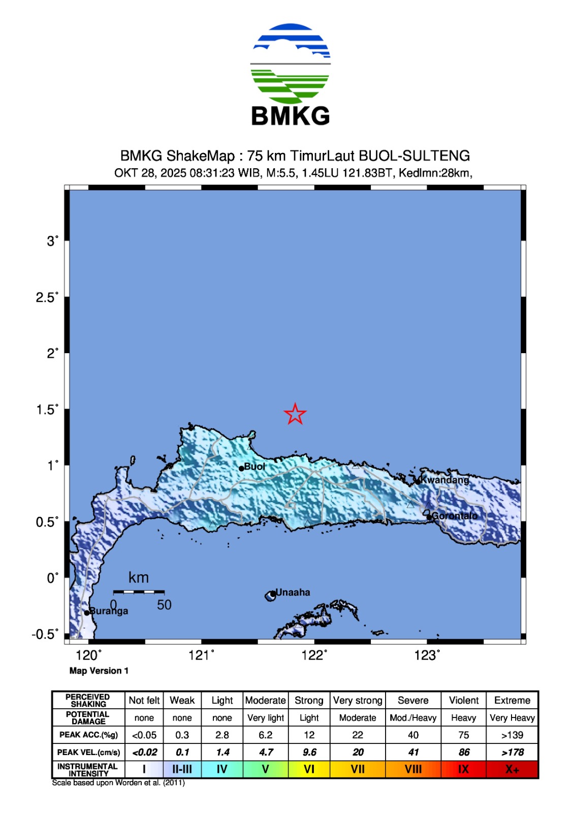 TIDAK BERPOTENSI TSUNAMI: Peta guncangan akibat gempa bumi di Kabupaten Buol, Senin (28/10/2025).