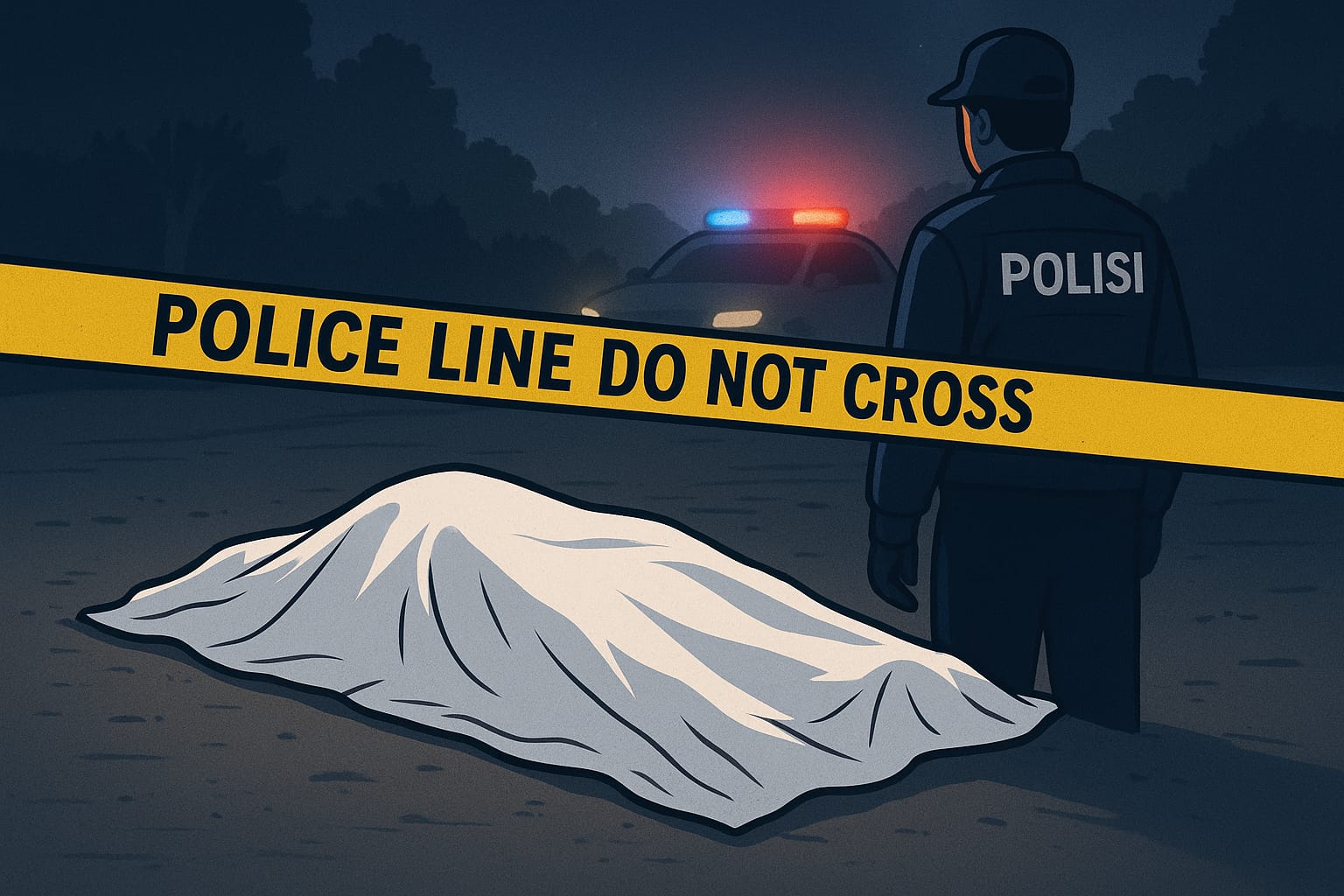Ilustrasi korban ditutupi kain putih di dekat garis polisi
