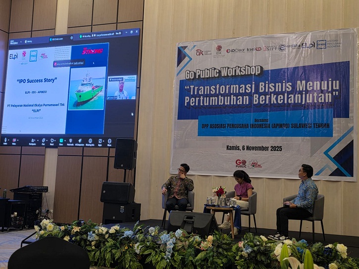 Workshop BEI Sulteng bersama APINDO menghadirkan Wawan Heri Purnomo, perwakilan PT Pelayaran Nasional Ekalya, dan Lisa Gillian, Direktur Utama PT Erdikha Elit Sekuritas.