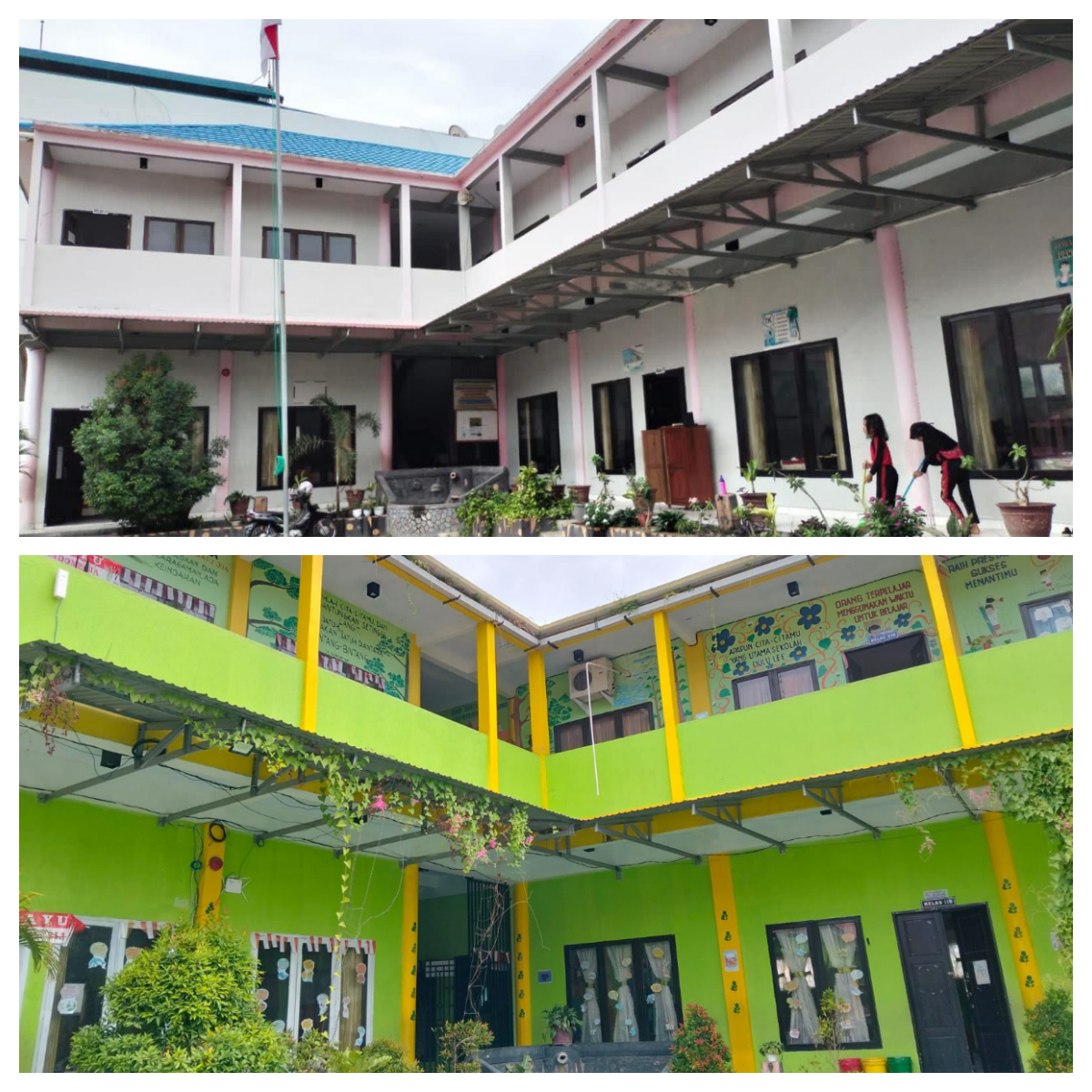 BANGKIT DARI KUBUR: Perwajahan SDN 1 Palu sebelumnya (atas) dan setelah dipimpin oleh Ni Made Widiastini. Warga memberi julukan "Sekolah Bangkit dari Kubur".
