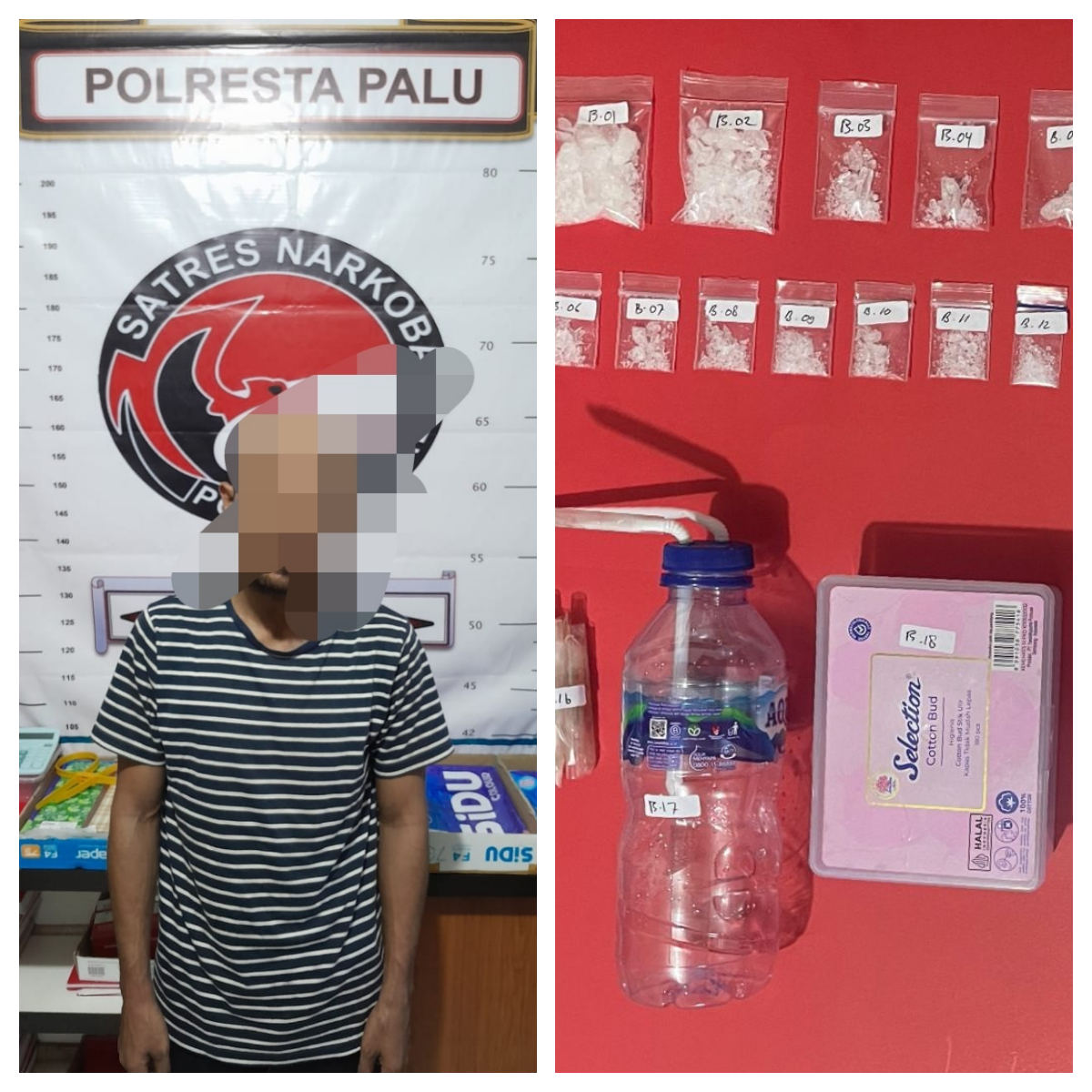PENGEDAR: Satresnarkoba Polresta Palu menangkap pengedar narkoba di Tavanjuka. Foto lain, barang bukti jenis sabu dan perangkat lainnya yang berhasil diamankan.