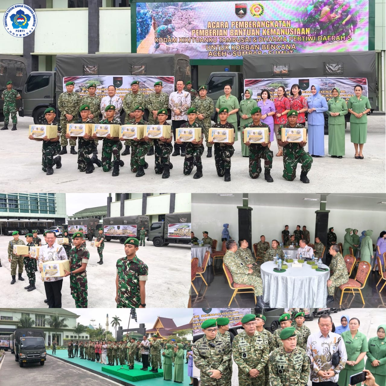 Penyerahan bantuan PSMTI bersama Kodam XIX/TT sebelum pemberangkatan 10 truk logistik menuju wilayah terdampak bencana.