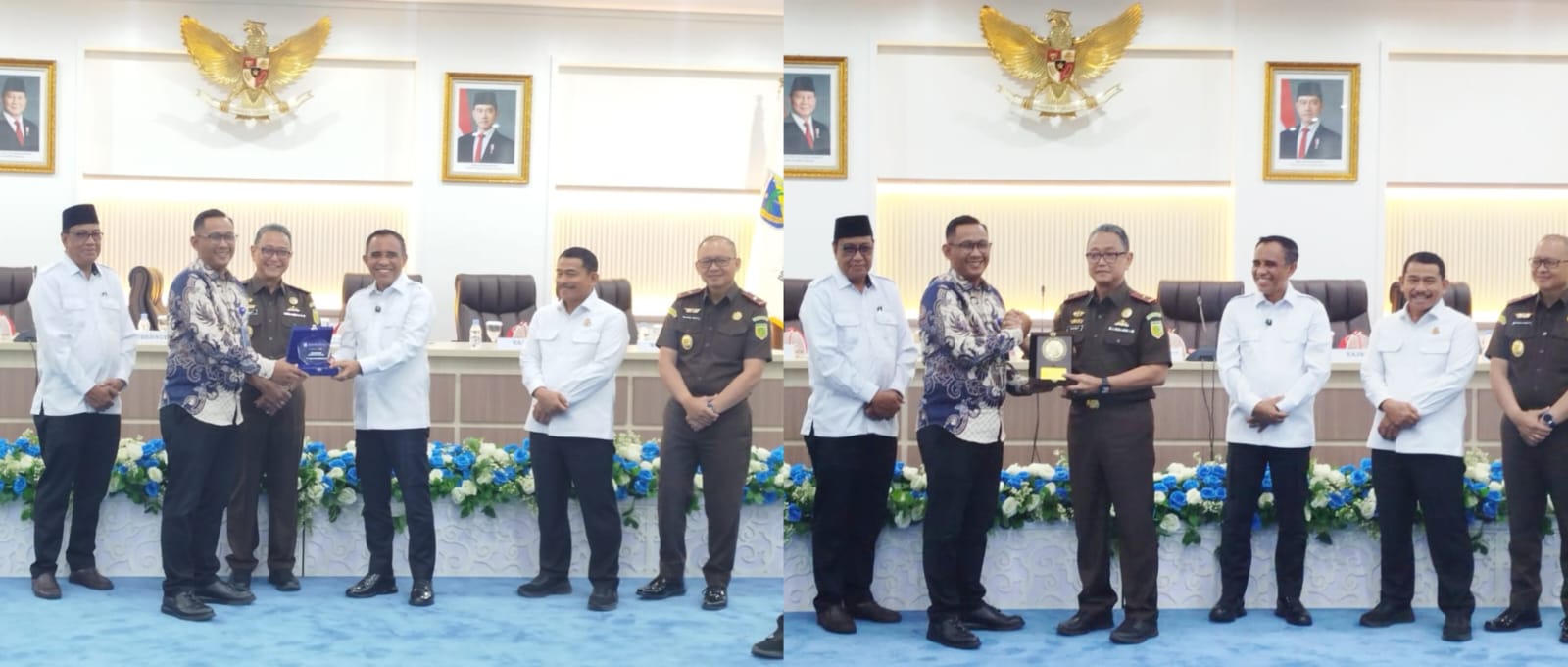 Kepala Divisi Kelembagaan Kanwil III Jamkrindo, Bambang Suryo Atmojo, serahkan cinderamata kepada gubernur dan Kajati Sulteng
