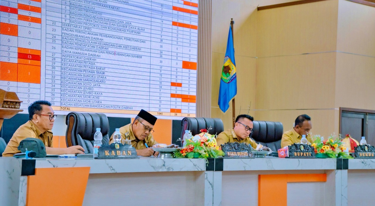 DUDUK BERSAMA - Bupati, Wakil Bupati, Sekkab Morowali Utara dan Kepala Bappelitbangda hadir dalam Rapat Koordinasi (Rakor) Perencanaan Pembangunan Daerah Tahun 2026 yang berlangsung di Ruang Pola, Sen