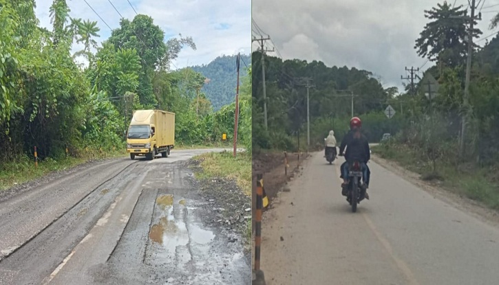 Inilah kondisi jalan nasional ruas Tagolu - Tentena di Kabupaten Poso yang berlubang akibat pekerjaan patching aspal dan minim rambu keselamatan, Kamis (18/12).