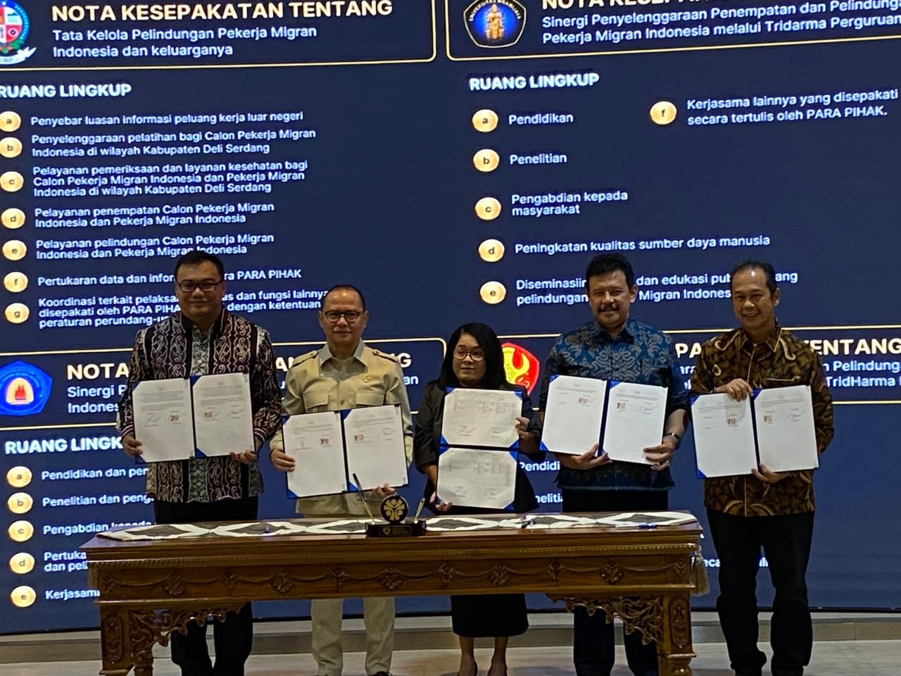DUKUNG KEBIJAKAN NASIONAL: Penandatanganan Nota Kesepahaman yang dilaksanakan, Senin (15/12/2025) bertempat di Aula KH Abdurrahman Wahid Lantai 1, Kantor BP2MI, Jakarta Selatan.