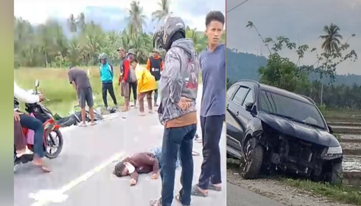 Kondisi korban yang masih tergeletak di jalan dan mobil yang menabrak dalam kecelakaan maut di Jalan Trans Sulawesi, Desa Masamba, Poso Pesisir, Rabu (24/12/2025).
