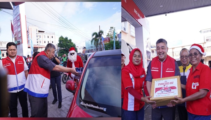 Santa Claus menyapa pelanggan di SPBU Pertamina 74.951.19 Paal Dua, Manado, dalam perayaan Natal 2025 yang menghadirkan layanan humanis dan berkesan.