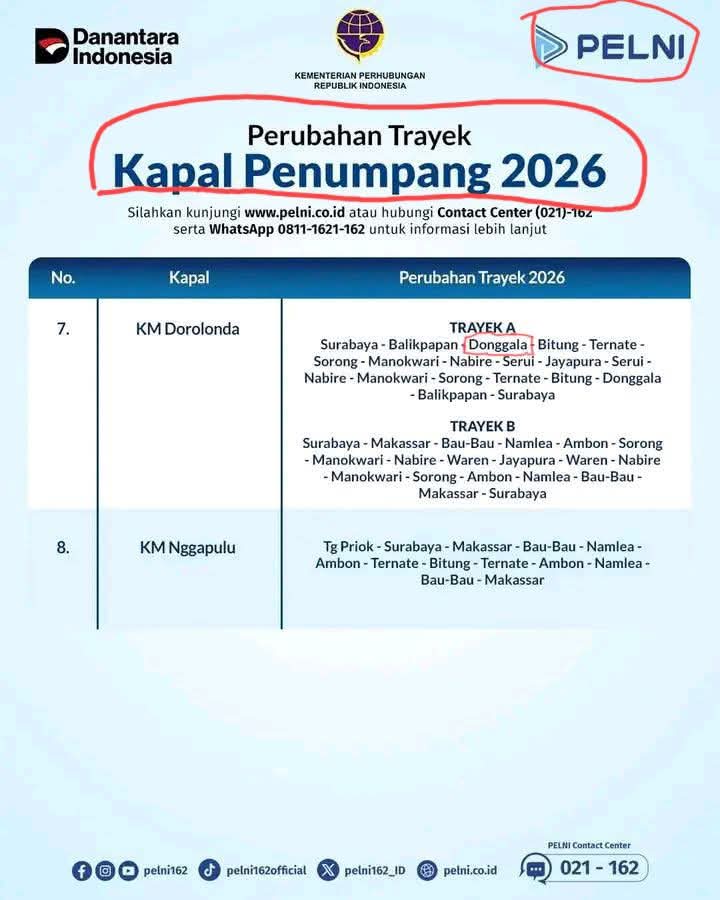 Informasi perubahan trayek yang sebelumnya diunggah di akun Facebook PELNI, namun kemudian diturunkan (takedown).