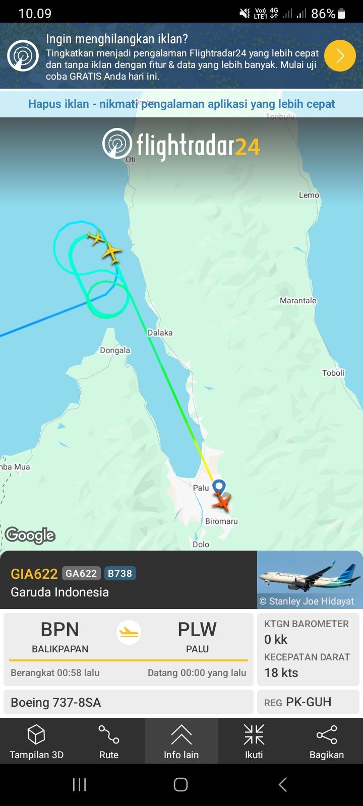 Pesawat Garuda Indonesia yang sempat dialihkan ke Balikpapan kembali mendarat di Palu.