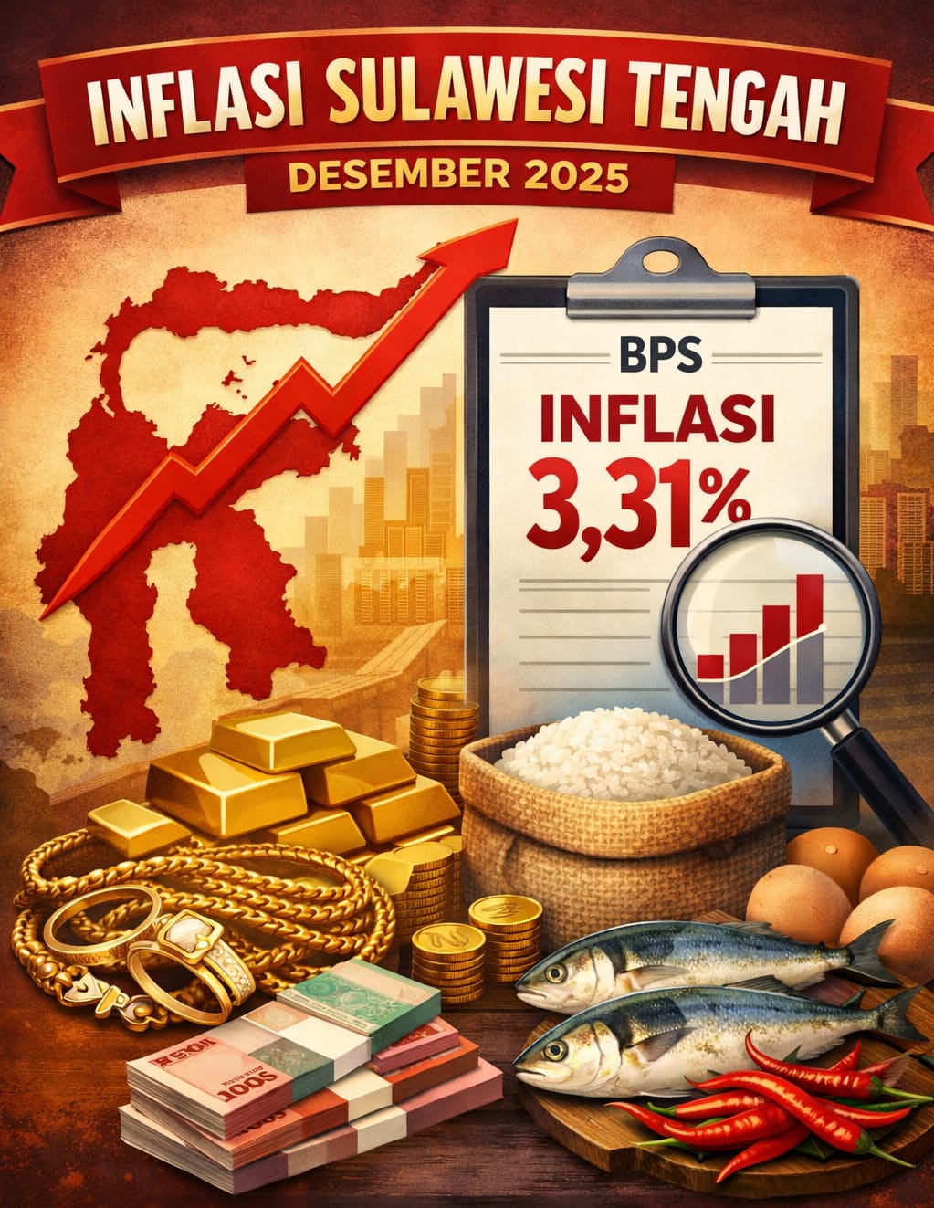 Ilustrasi inflasi Sulawesi Tengah Desember 2025. BPS mencatat inflasi 3,31 persen, dipicu kenaikan harga emas perhiasan dan sejumlah komoditas utama.