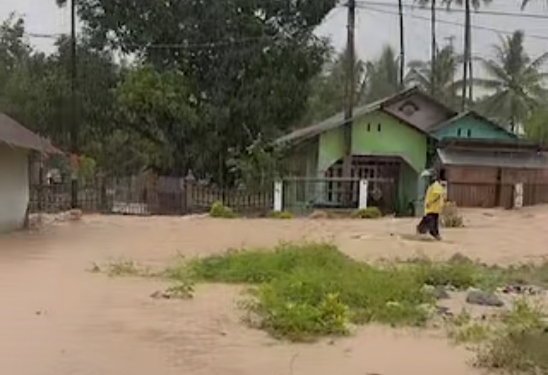 Seorang warga berjalan menerjang banjir di Desa Wani Lumbumpetigo, Kabupaten Donggala, Minggu (11/1).