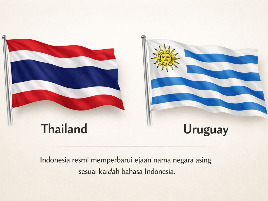 Ilustrasi bendera Thailand dan Uruguay. Indonesia resmi memperbarui ejaan nama negara asing sesuai kaidah bahasa Indonesia.
