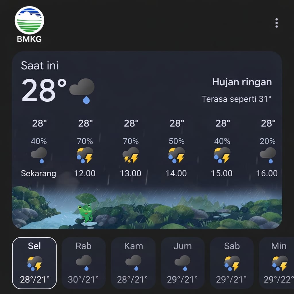 Tampilan prakiraan cuaca Kota Palu yang dirilis BMKG menunjukkan dominasi hujan ringan di sejumlah kecamatan, Selasa (20/1/2026).