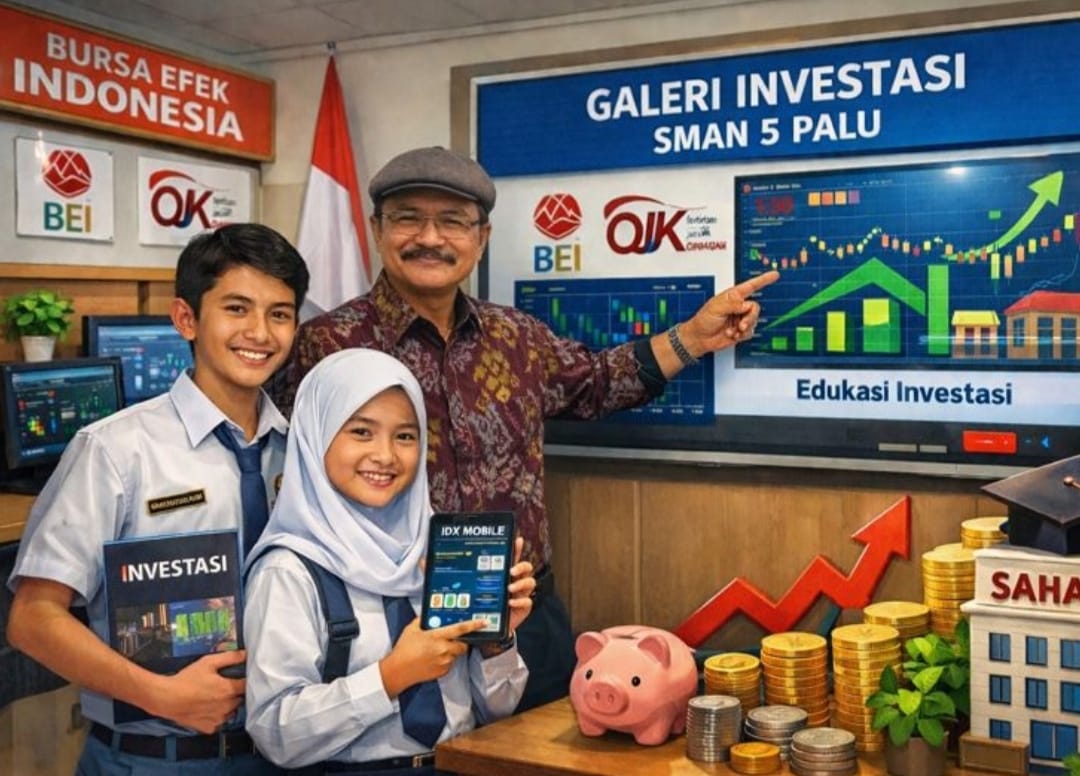 Kepala SMAN 5 Palu Drs. Salim MM dan ilustrasi papan pintar bantuan BEI di ruang Galeri Investasi sekolah.