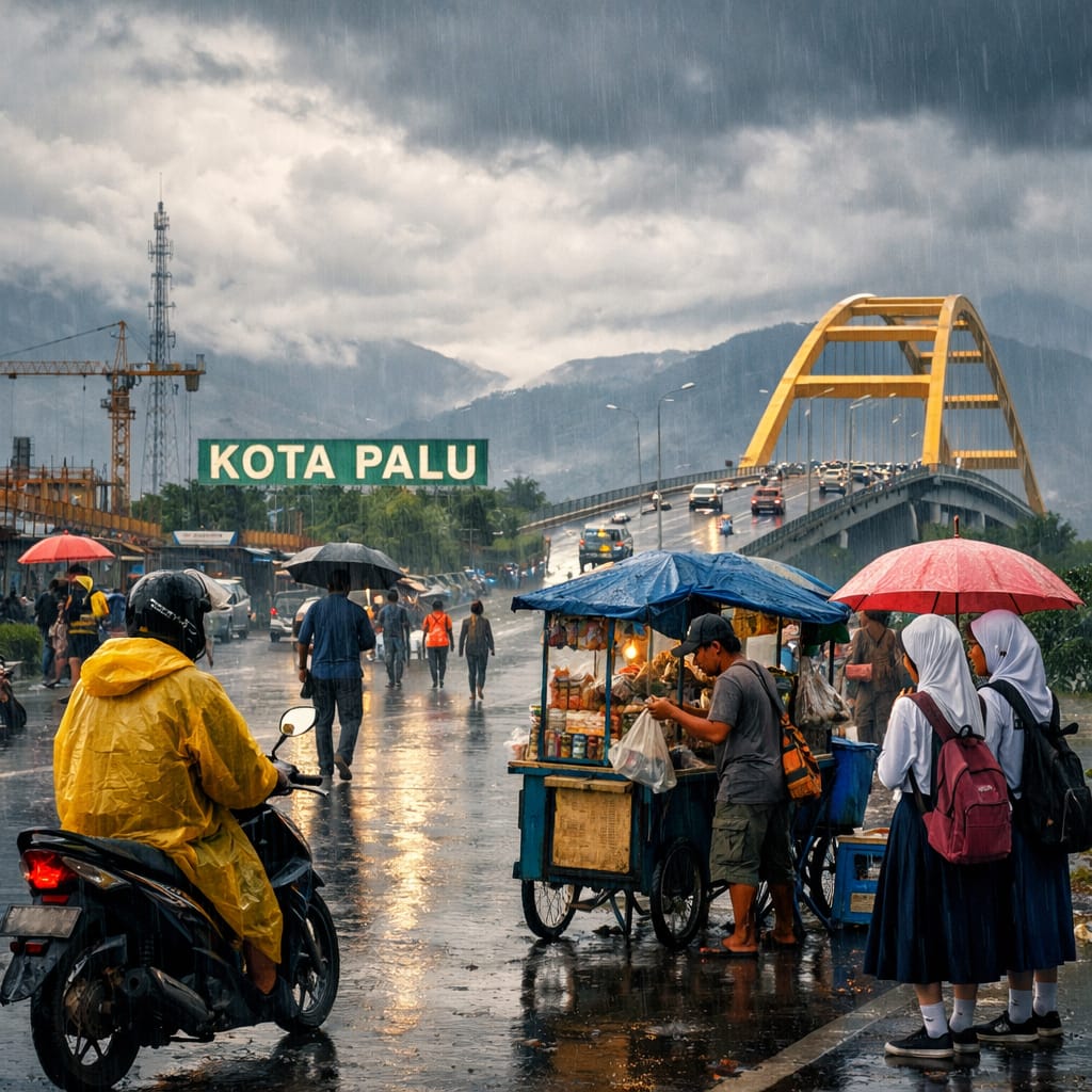 Warga beraktivitas di bawah langit berawan dengan kelembapan tinggi di Kota Palu.