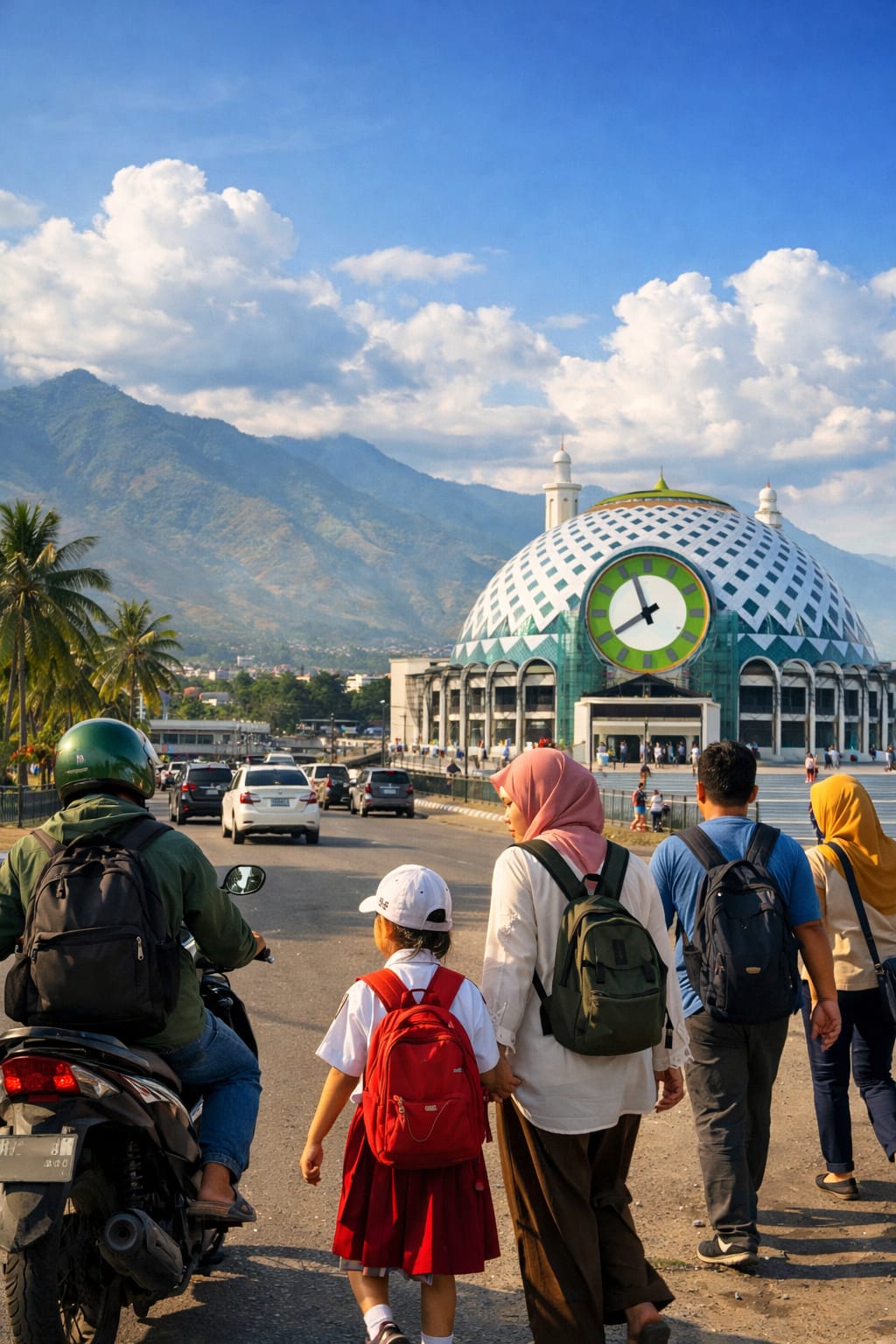 ILUSTRASI. Masjid Raya Baitul Khairat Palu berdiri megah di bawah langit cerah berawan, menjadi latar aktivitas warga yang tetap berjalan normal sejak pagi di Kota Palu.