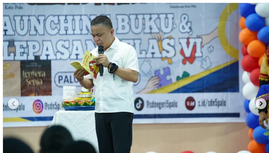 Momen Gelar Karya Launching Buku dan Pelepasan Kelas VI SDN 5 Palu yang dihadiri langsung oleh Wali Kota Palu, Hadianto Rasyid, di gedung BPMP Sulawesi Tengah, Tahun.