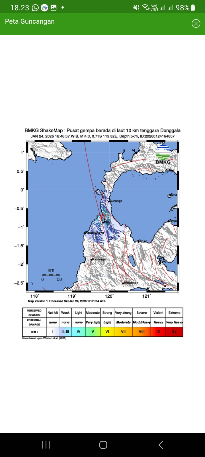 Peta guncangan gempa bumi yang menurut BMKG dirasakan di Donggala, Kota Palu dan Parimo, Sabtu (24/1/2026).